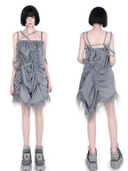 YUBABY Gray Black Silky Feather Drawcord Multi Strap Women's Slip Mini Dresses