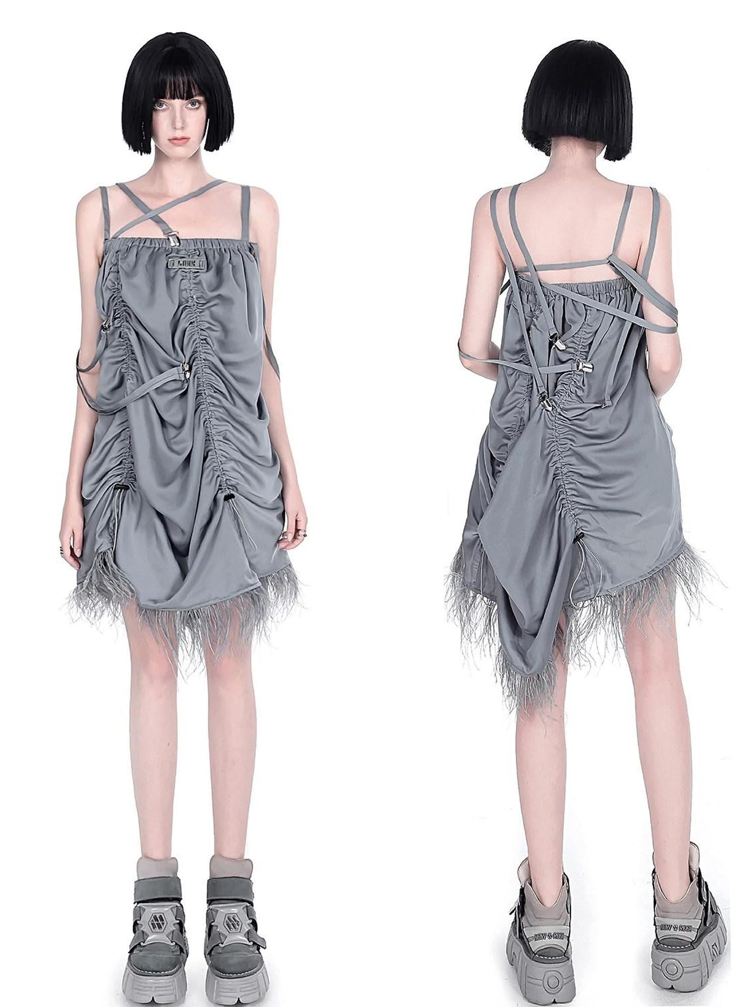 YUBABY Gray Black Silky Feather Drawcord Multi Strap Women's Slip Mini Dresses