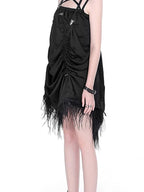 YUBABY Gray Black Silky Feather Drawcord Multi Strap Women's Slip Mini Dresses