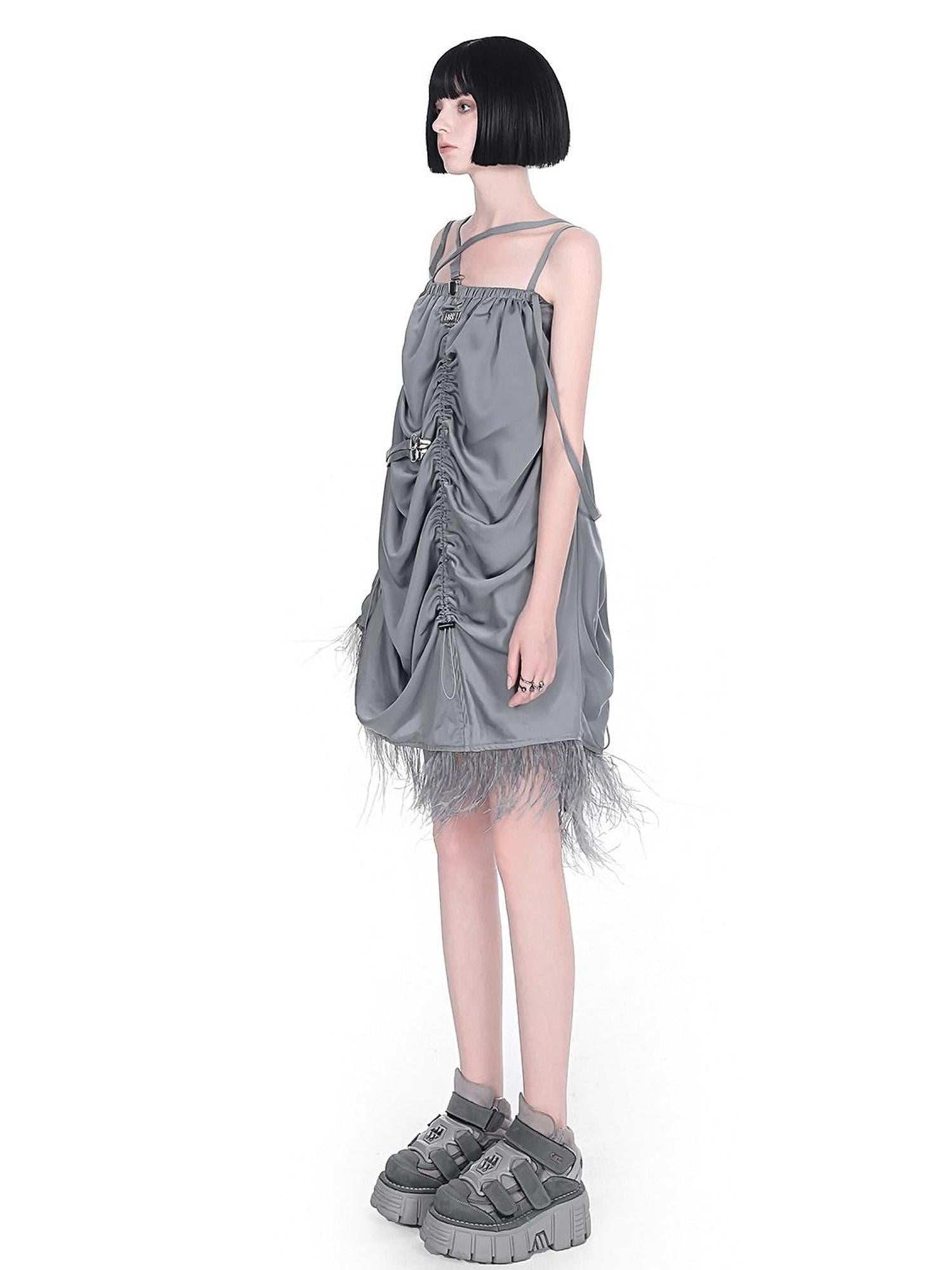 YUBABY Gray Black Silky Feather Drawcord Multi Strap Women's Slip Mini Dresses
