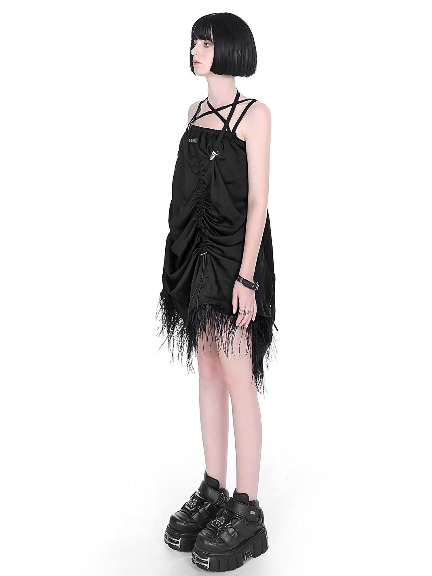 YUBABY Gray Black Silky Feather Drawcord Multi Strap Women's Slip Mini Dresses