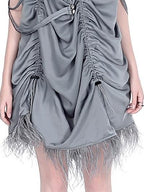 YUBABY Gray Black Silky Feather Drawcord Multi Strap Women's Slip Mini Dresses