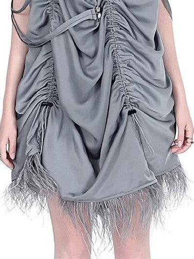 YUBABY Gray Black Silky Feather Drawcord Multi Strap Women's Slip Mini Dresses