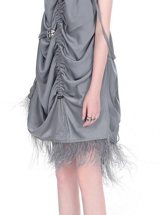 YUBABY Gray Black Silky Feather Drawcord Multi Strap Women's Slip Mini Dresses