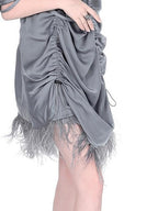 YUBABY Gray Black Silky Feather Drawcord Multi Strap Women's Slip Mini Dresses