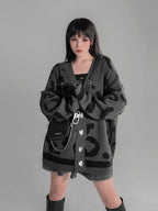 YUBABY Gray Leopard Print Oversized Knit Metal Punk Women's Cotton Blend Cardigans