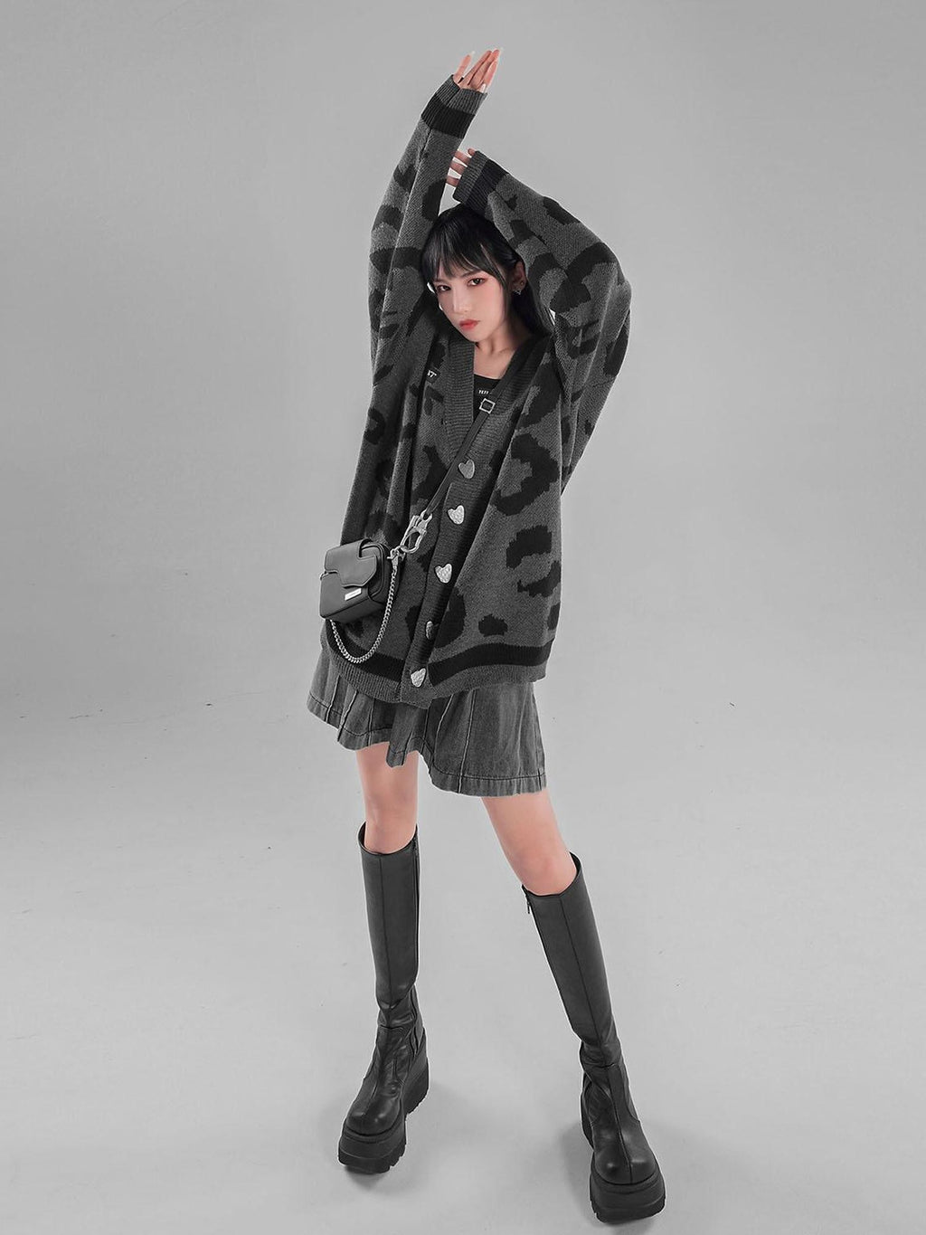 YUBABY Gray Leopard Print Oversized Knit Metal Punk Women's Cotton Blend Cardigans