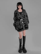 YUBABY Gray Leopard Print Oversized Knit Metal Punk Women's Cotton Blend Cardigans