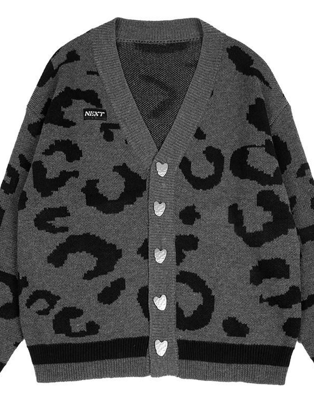 YUBABY Gray Leopard Print Oversized Knit Metal Punk Women's Cotton Blend Cardigans