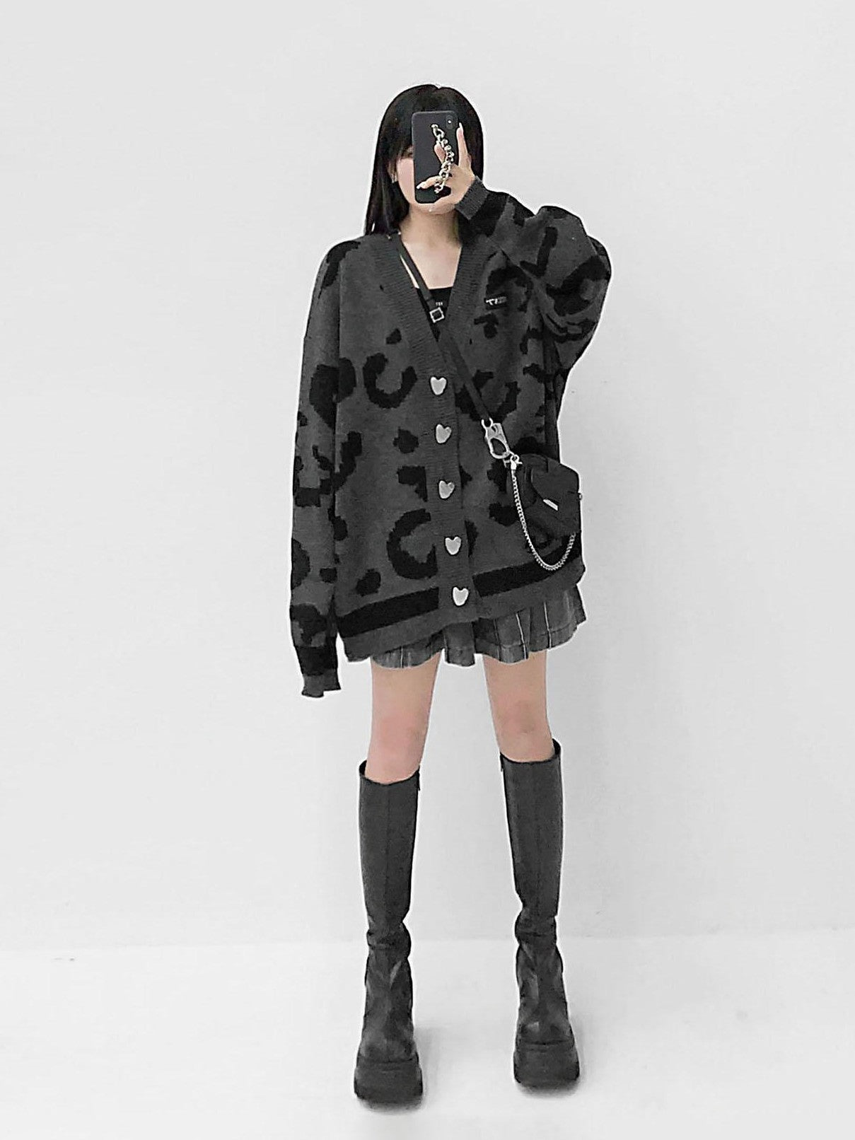 YUBABY Gray Leopard Print Oversized Knit Metal Punk Women's Cotton Blend Cardigans
