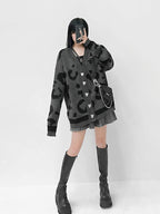 YUBABY Gray Leopard Print Oversized Knit Metal Punk Women's Cotton Blend Cardigans