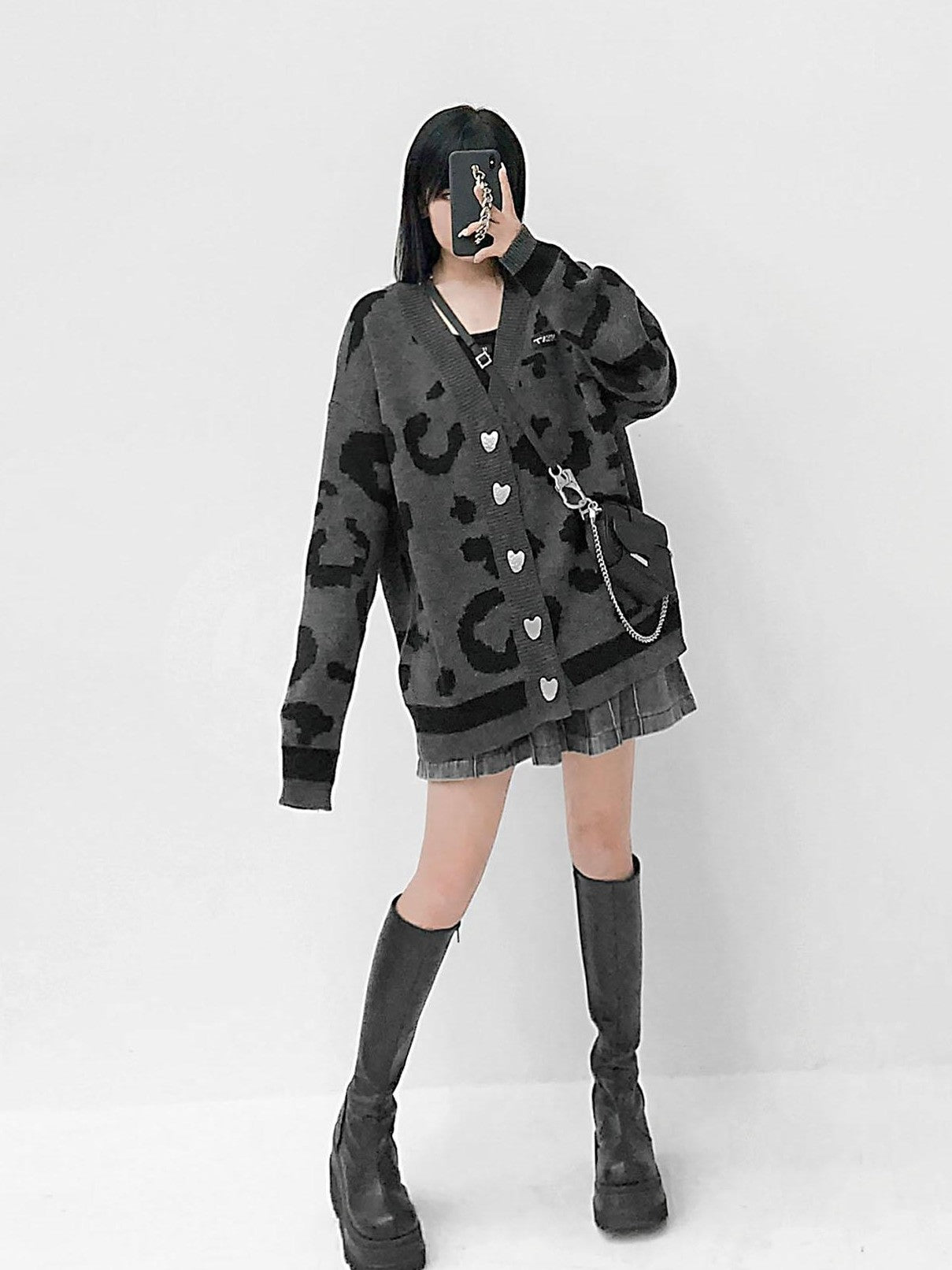 YUBABY Gray Leopard Print Oversized Knit Metal Punk Women's Cotton Blend Cardigans