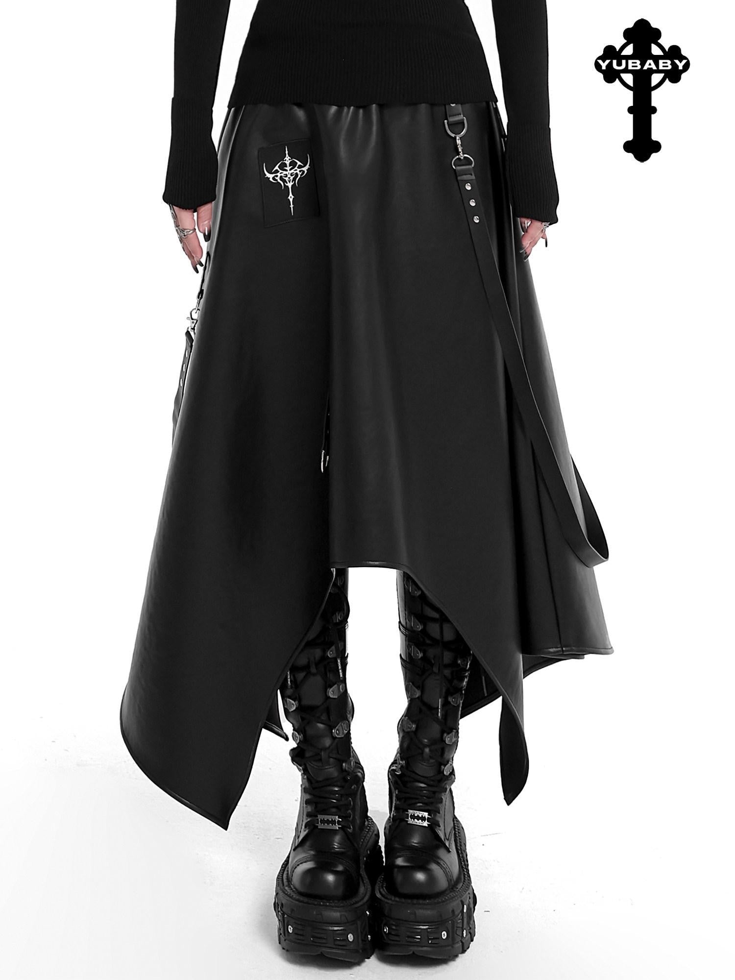 YUBABY Harajuku Cross Motif Asymmetric Detachable Straps Gothic Women's Pu Maxi Skirts