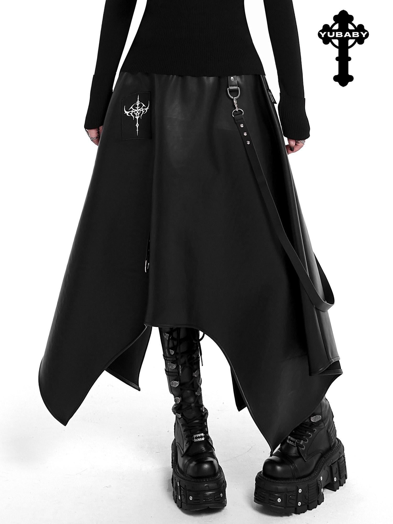 YUBABY Harajuku Cross Motif Asymmetric Detachable Straps Gothic Women's Pu Maxi Skirts