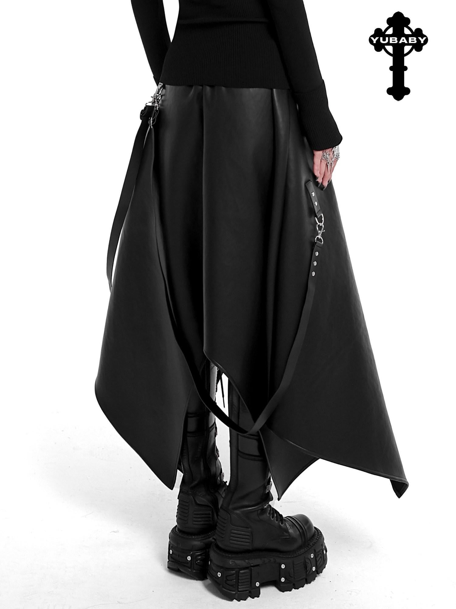 YUBABY Harajuku Cross Motif Asymmetric Detachable Straps Gothic Women's Pu Maxi Skirts