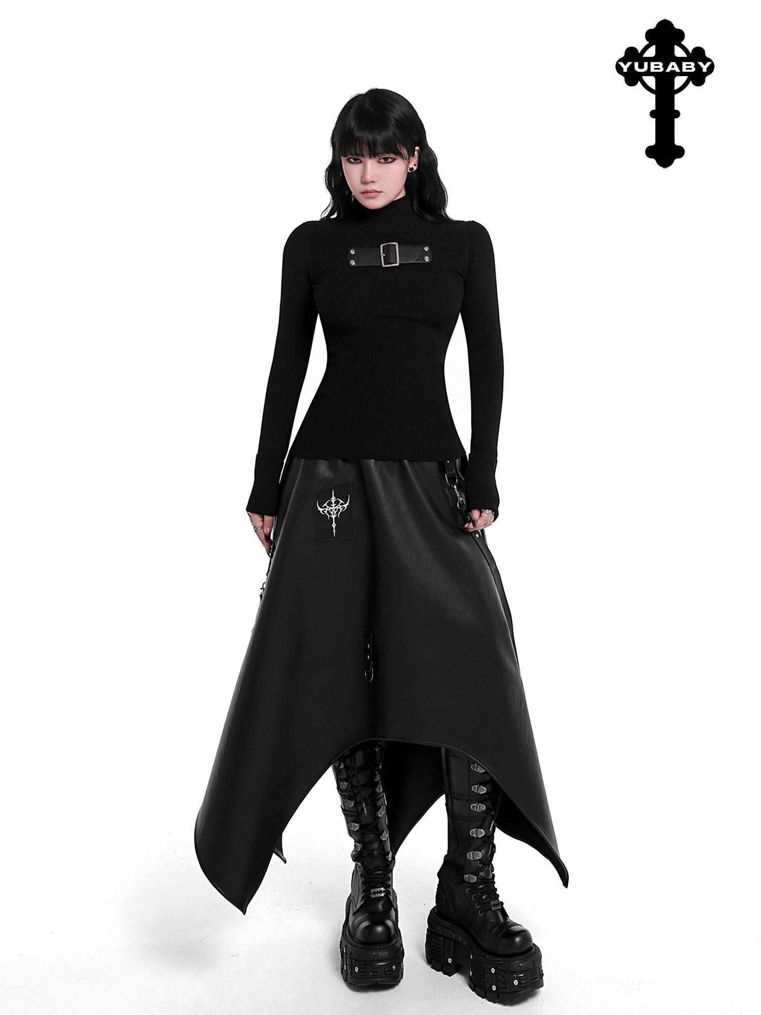 YUBABY Harajuku Cross Motif Asymmetric Detachable Straps Gothic Women's Pu Maxi Skirts