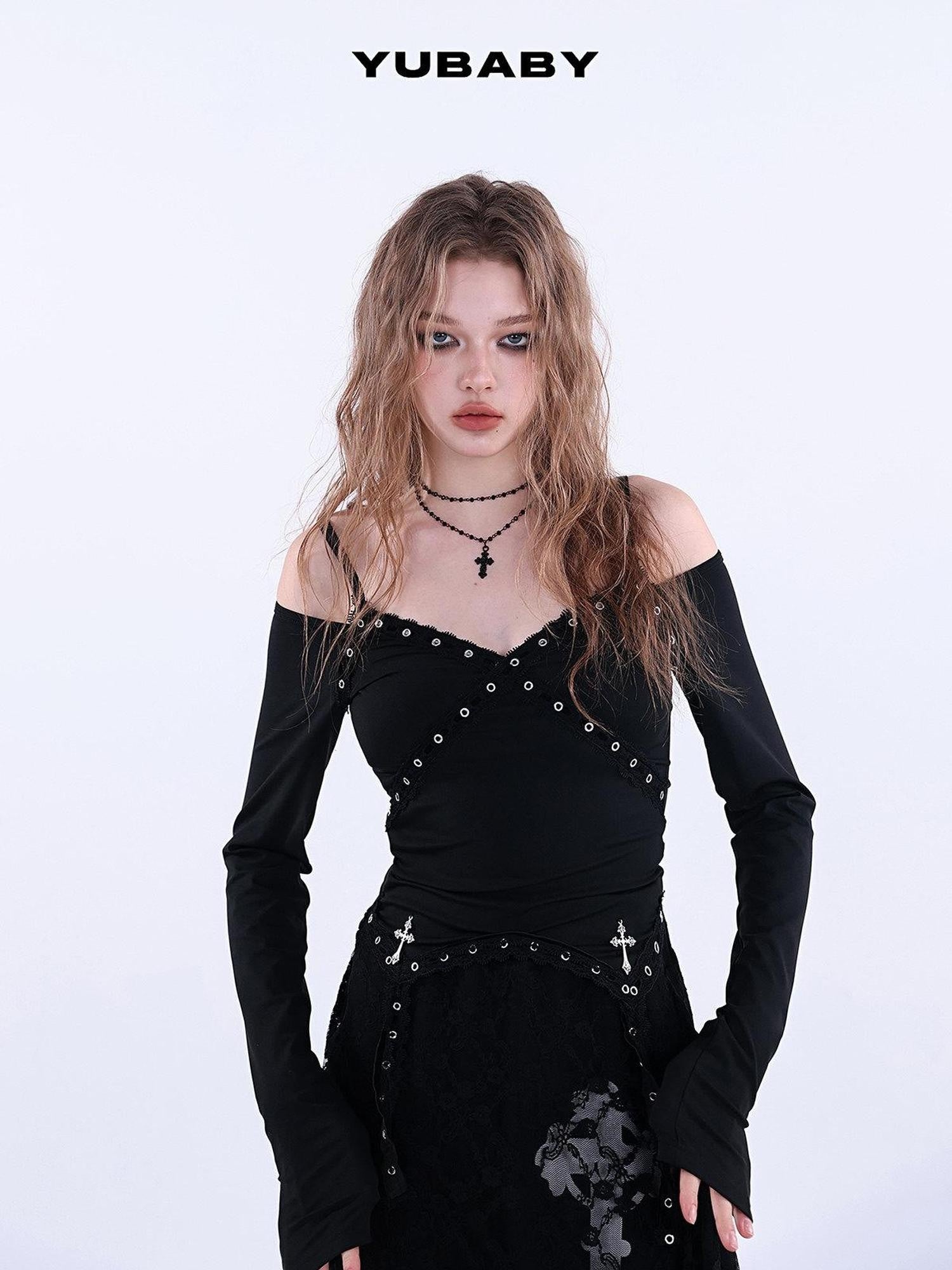 YUBABY Lace Trim Metal Punk Off Shoulder Crop Women's Long Sleeve T-shirts