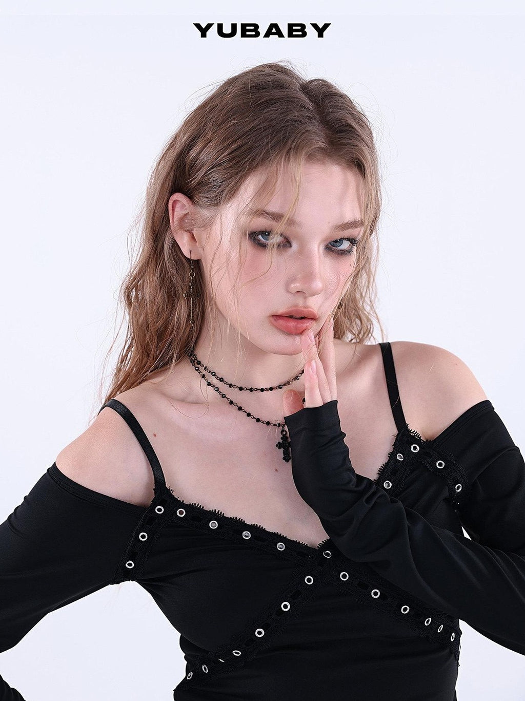 YUBABY Lace Trim Metal Punk Off Shoulder Crop Women's Long Sleeve T-shirts