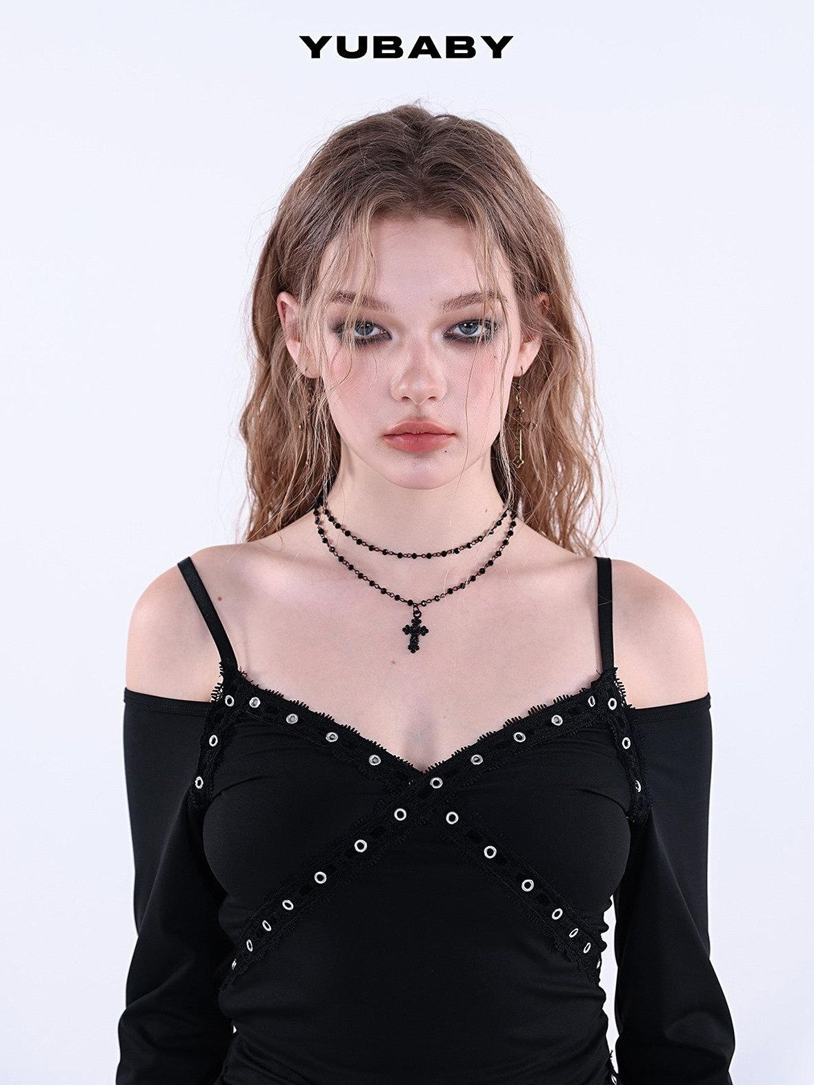 YUBABY Lace Trim Metal Punk Off Shoulder Crop Women's Long Sleeve T-shirts