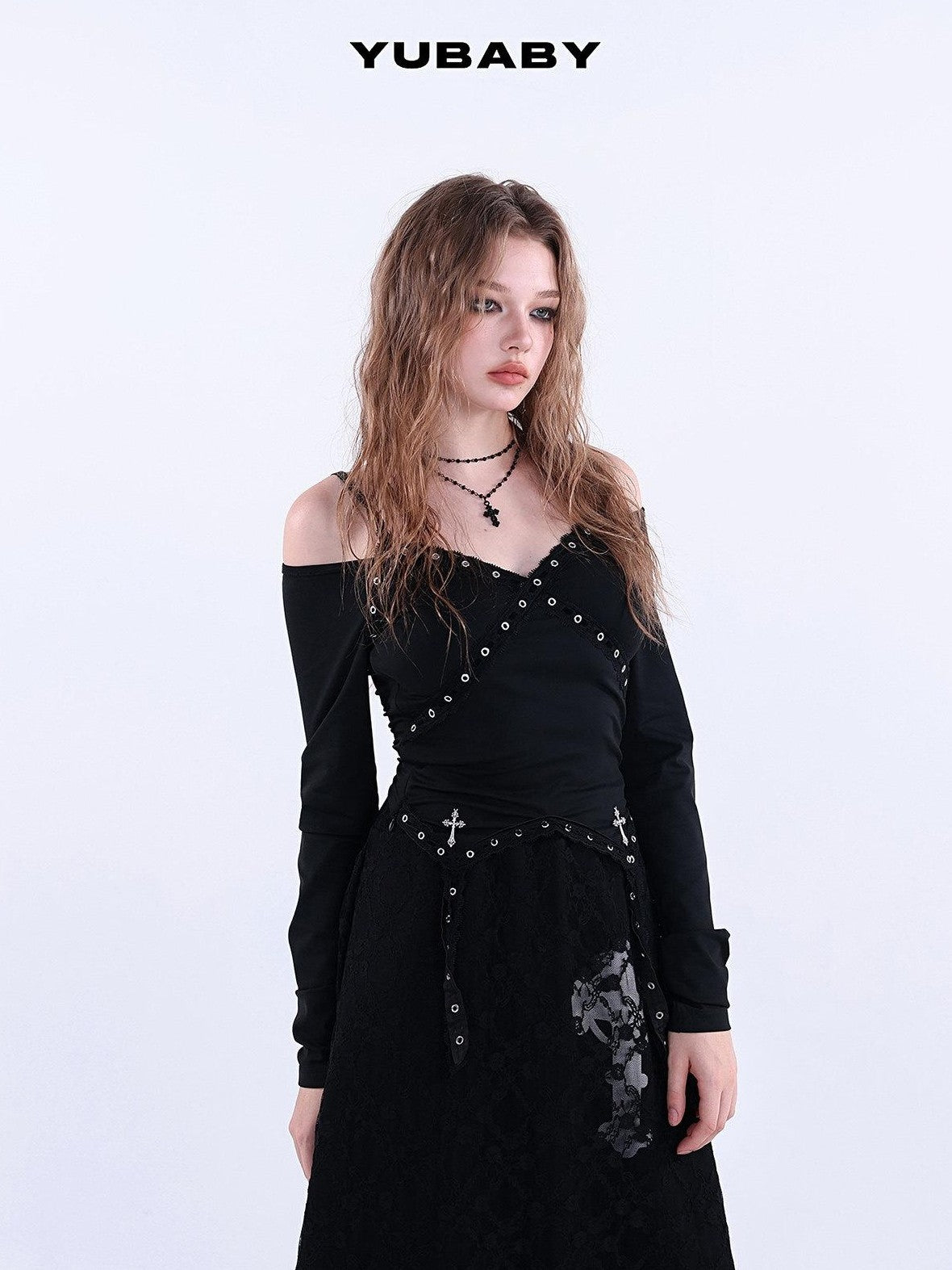 YUBABY Lace Trim Metal Punk Off Shoulder Crop Women's Long Sleeve T-shirts