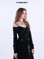 YUBABY Lace Trim Metal Punk Off Shoulder Crop Women's Long Sleeve T-shirts