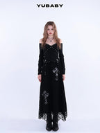 YUBABY Lace Trim Metal Punk Off Shoulder Crop Women's Long Sleeve T-shirts