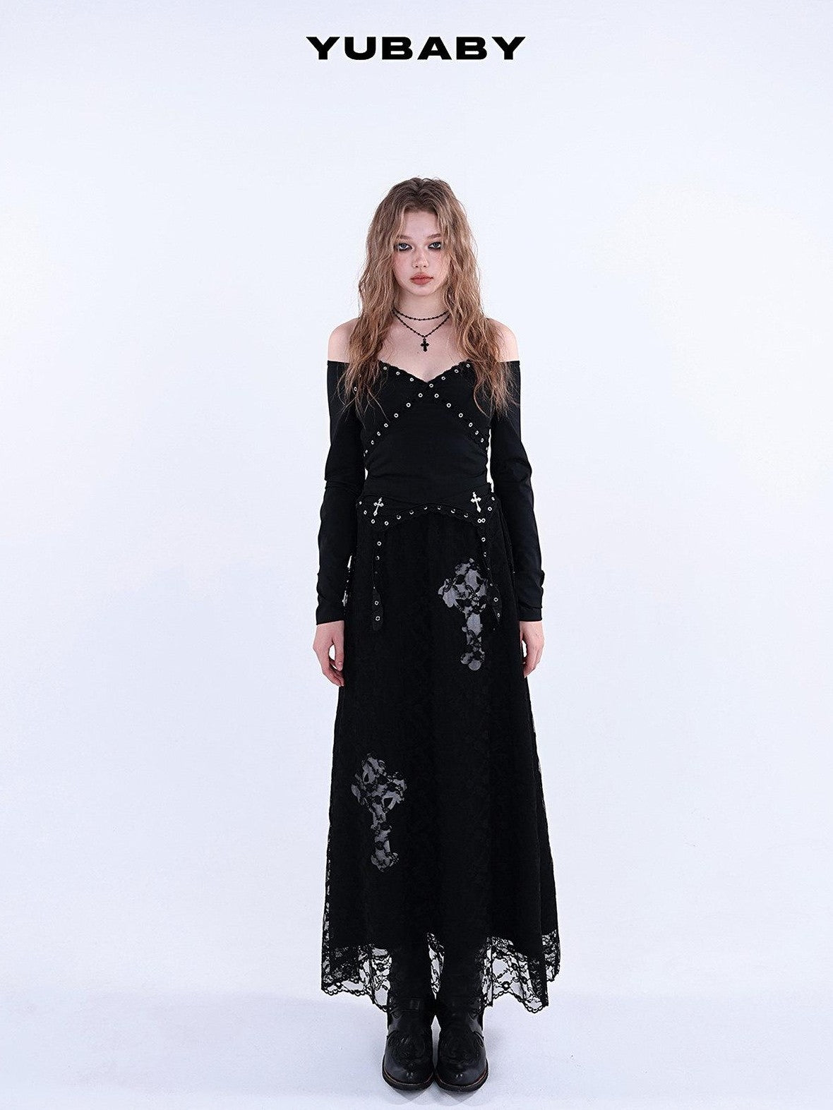YUBABY Lace Trim Metal Punk Off Shoulder Crop Women's Long Sleeve T-shirts