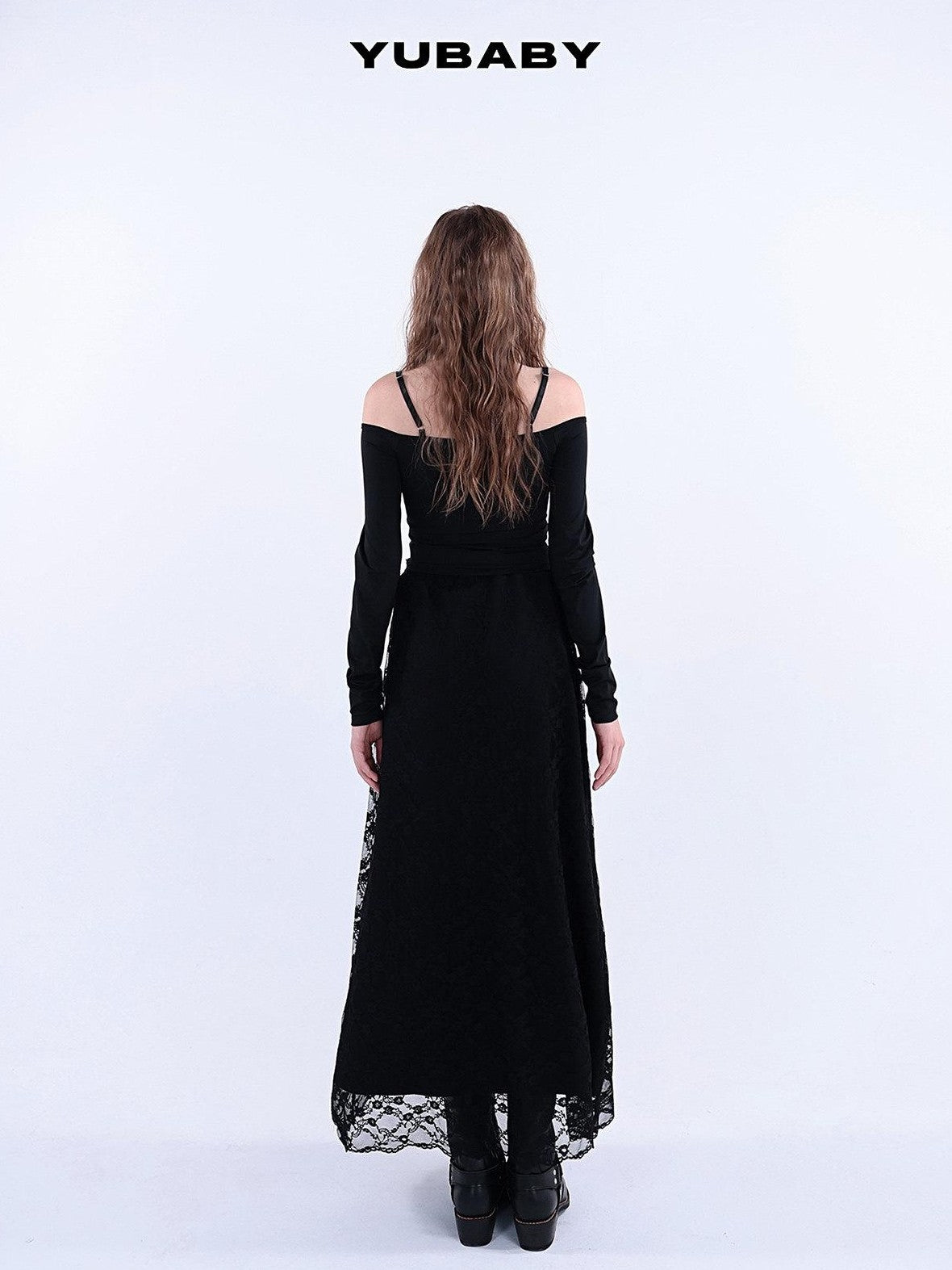 YUBABY Lace Trim Metal Punk Off Shoulder Crop Women's Long Sleeve T-shirts