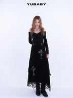 YUBABY Lace Trim Metal Punk Off Shoulder Crop Women's Long Sleeve T-shirts