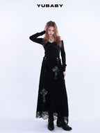 YUBABY Lace Trim Metal Punk Off Shoulder Crop Women's Long Sleeve T-shirts