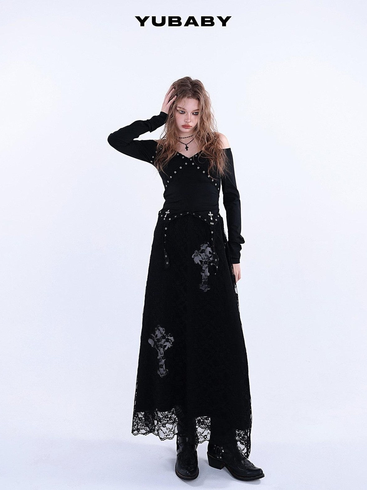 YUBABY Lace Trim Metal Punk Off Shoulder Crop Women's Long Sleeve T-shirts