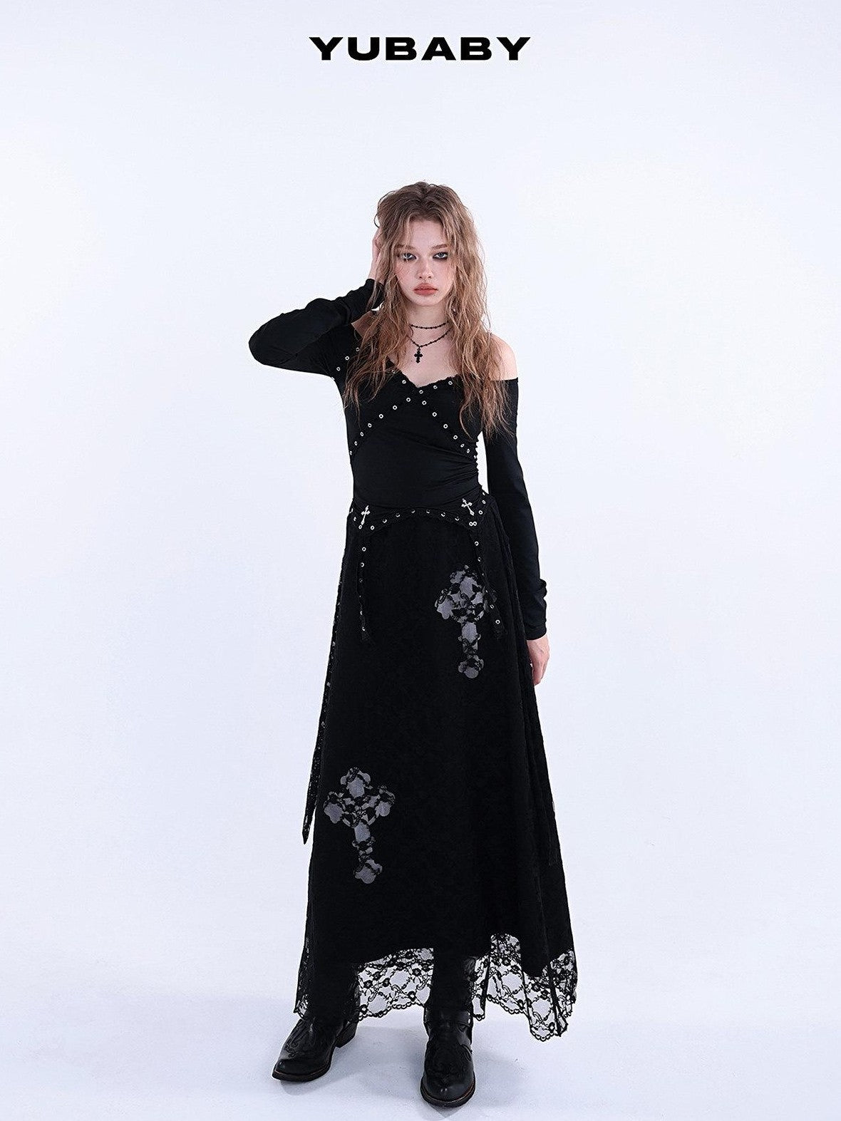 YUBABY Lace Trim Metal Punk Off Shoulder Crop Women's Long Sleeve T-shirts