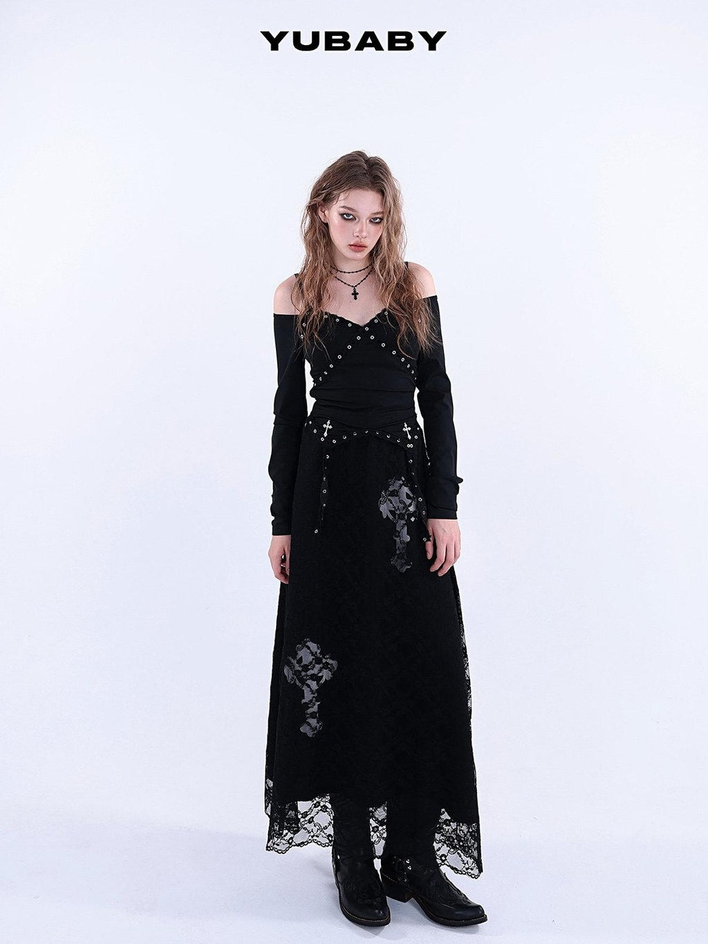 YUBABY Lace Trim Metal Punk Off Shoulder Crop Women's Long Sleeve T-shirts