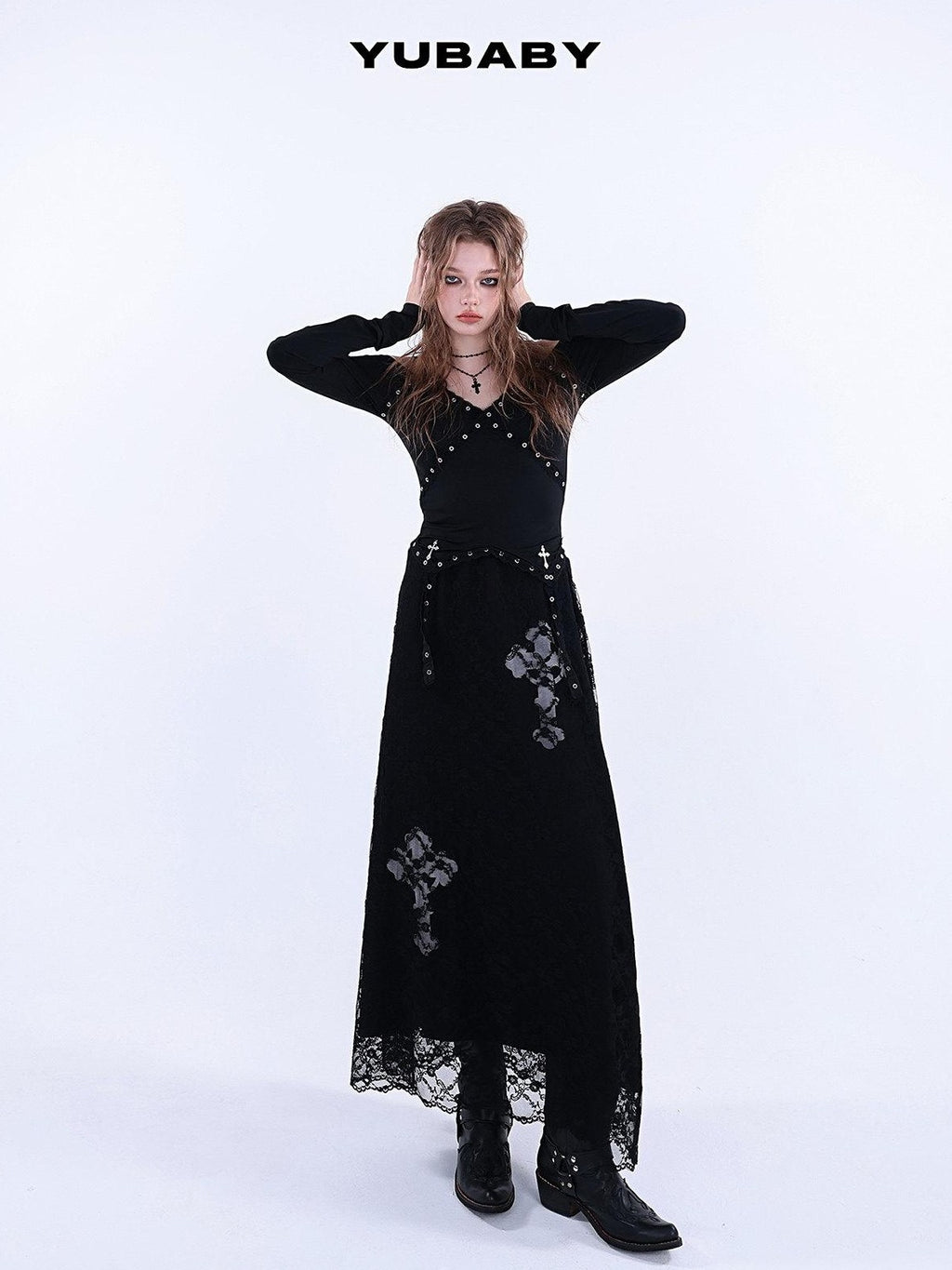 YUBABY Lace Trim Metal Punk Off Shoulder Crop Women's Long Sleeve T-shirts