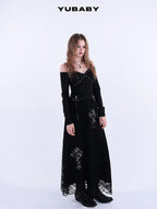 YUBABY Lace Trim Metal Punk Off Shoulder Crop Women's Long Sleeve T-shirts
