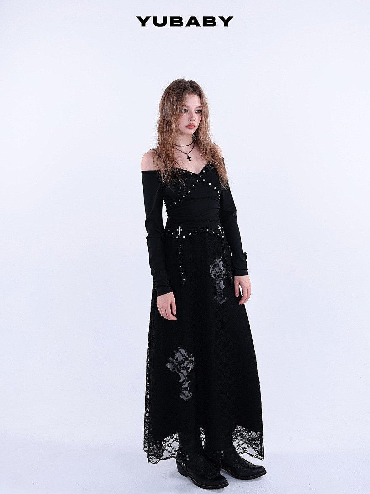 YUBABY Lace Trim Metal Punk Off Shoulder Crop Women's Long Sleeve T-shirts