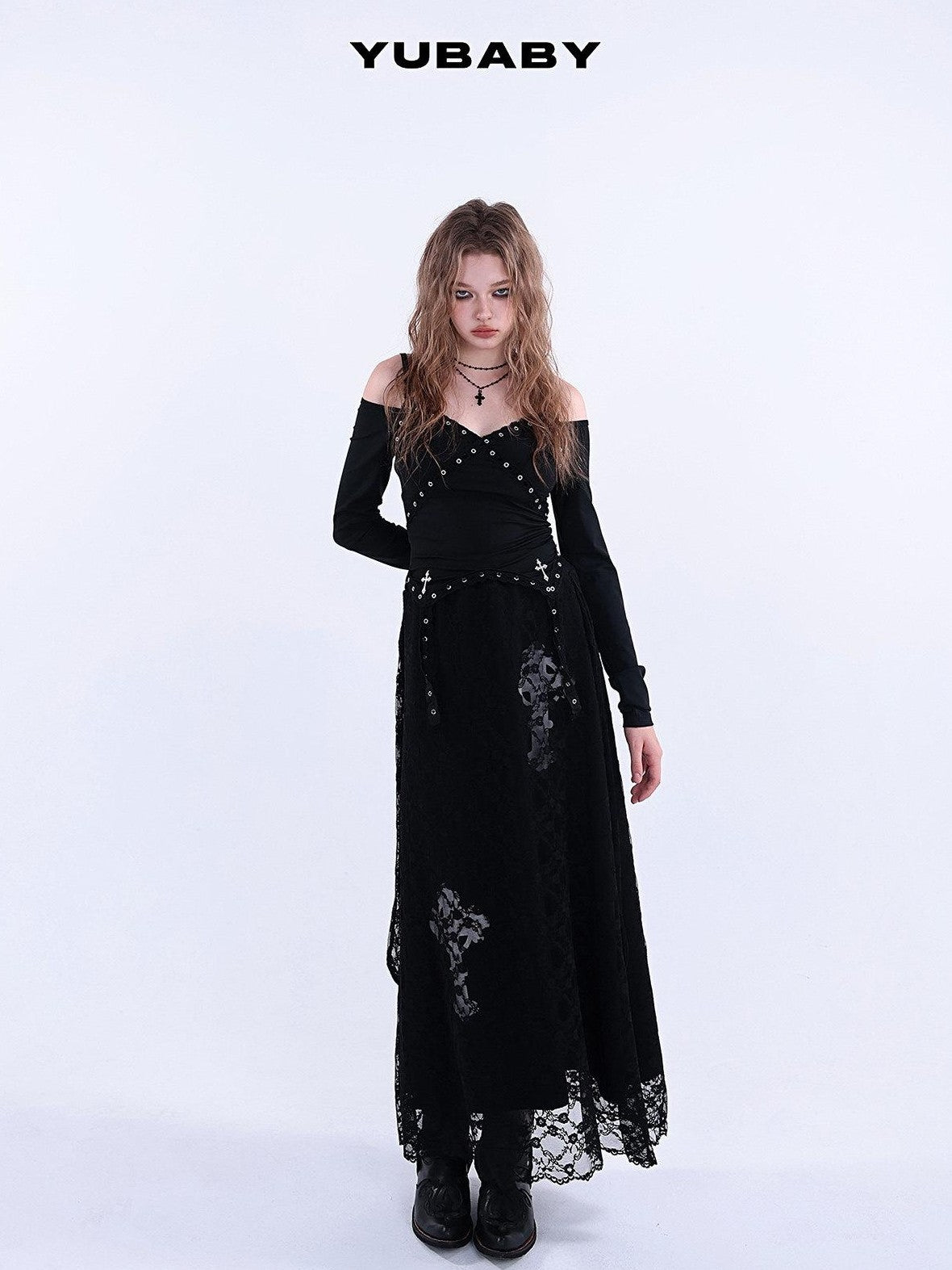 YUBABY Lace Trim Metal Punk Off Shoulder Crop Women's Long Sleeve T-shirts