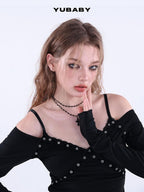 YUBABY Lace Trim Metal Punk Off Shoulder Crop Women's Long Sleeve T-shirts