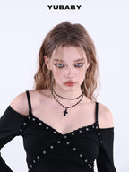 YUBABY Lace Trim Metal Punk Off Shoulder Crop Women's Long Sleeve T-shirts