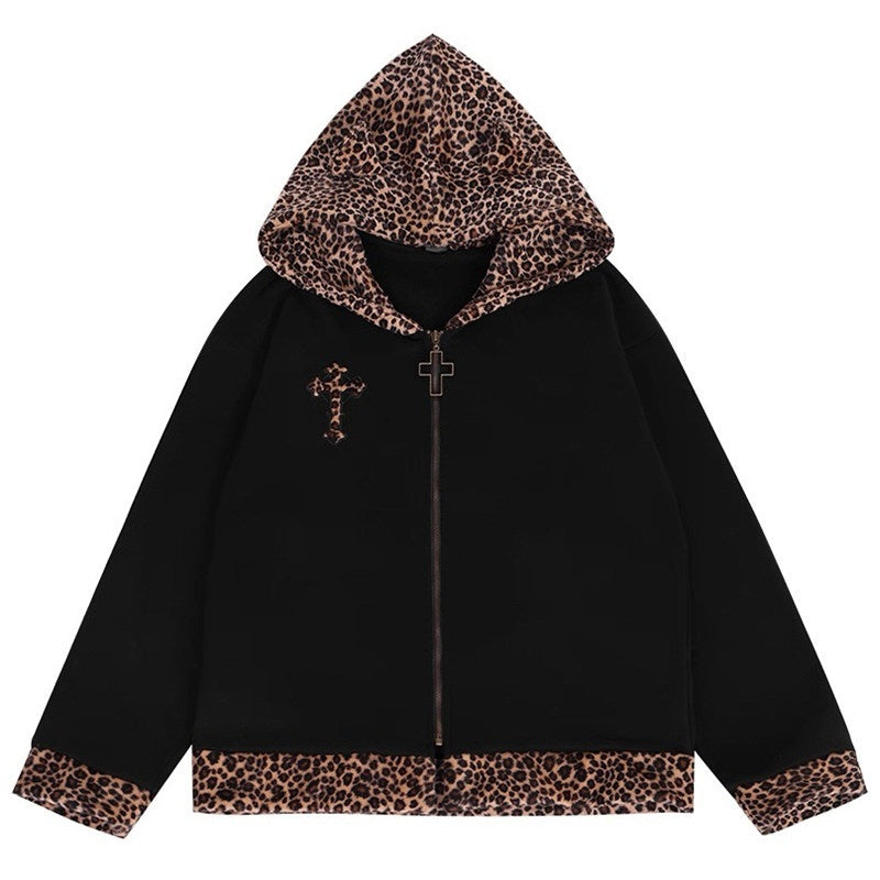 YUBABY_Leopard_Plush_Patchwork_Cross_Embroidery_Zippered_Women's_Micro_Fleece_Hoodies_956376290383_MISSTT