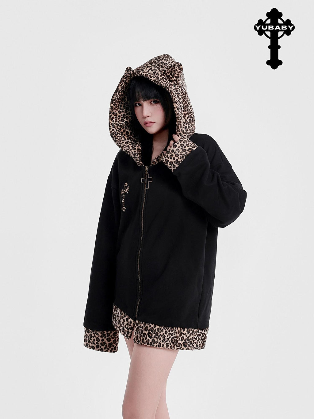 YUBABY Leopard Plush Patchwork Cross Embroidery Zippered Women's Micro Fleece Hoodies