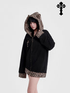 YUBABY Leopard Plush Patchwork Cross Embroidery Zippered Women's Micro Fleece Hoodies