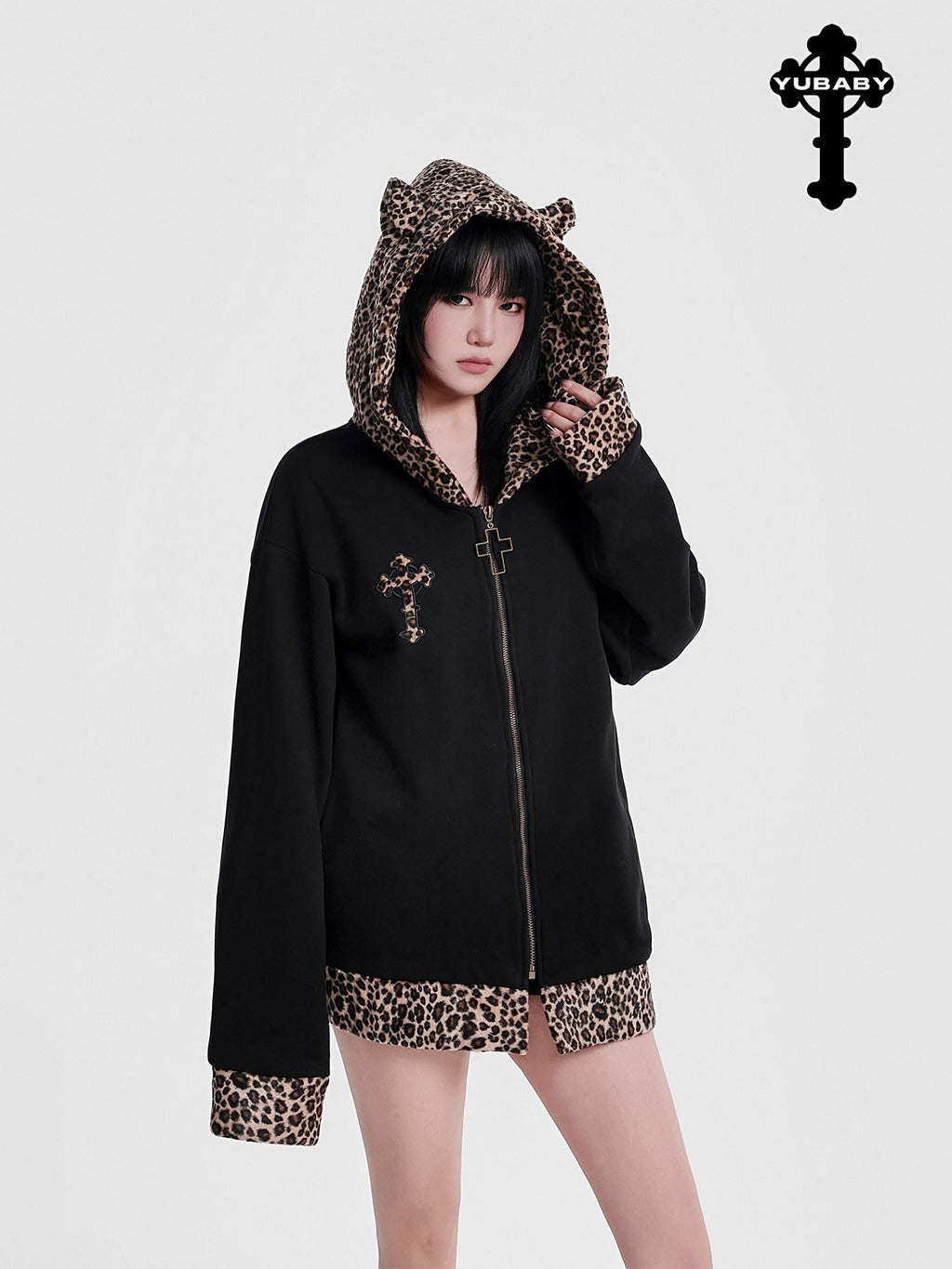 YUBABY Leopard Plush Patchwork Cross Embroidery Zippered Women's Micro Fleece Hoodies