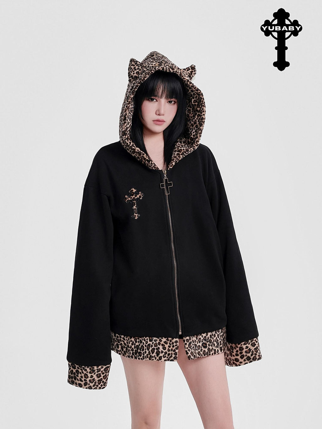 YUBABY Leopard Plush Patchwork Cross Embroidery Zippered Women's Micro Fleece Hoodies