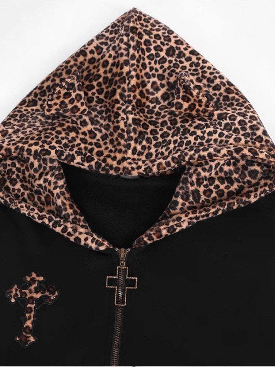 YUBABY Leopard Plush Patchwork Cross Embroidery Zippered Women's Micro Fleece Hoodies