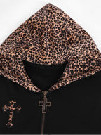 YUBABY Leopard Plush Patchwork Cross Embroidery Zippered Women's Micro Fleece Hoodies