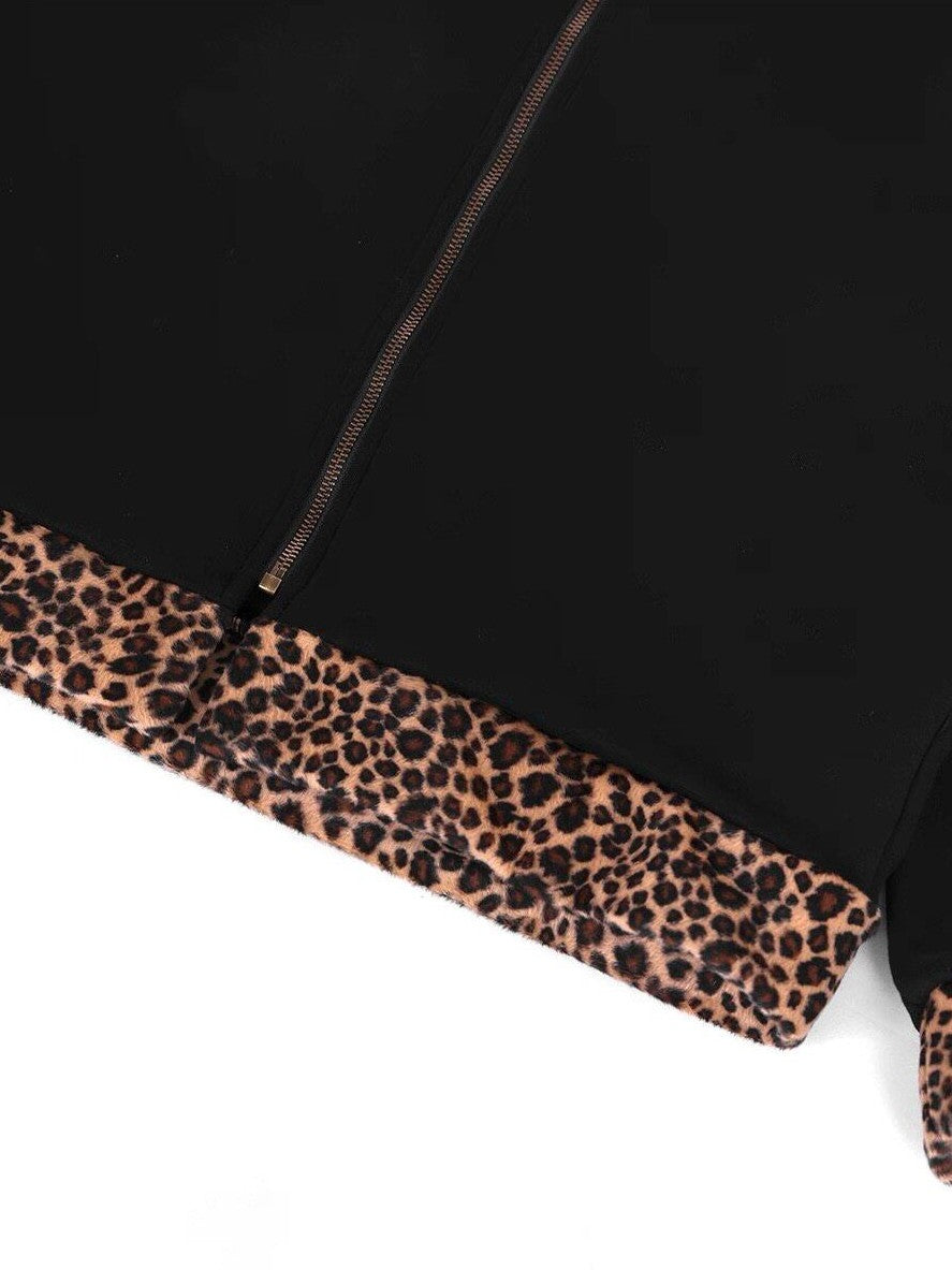 YUBABY Leopard Plush Patchwork Cross Embroidery Zippered Women's Micro Fleece Hoodies