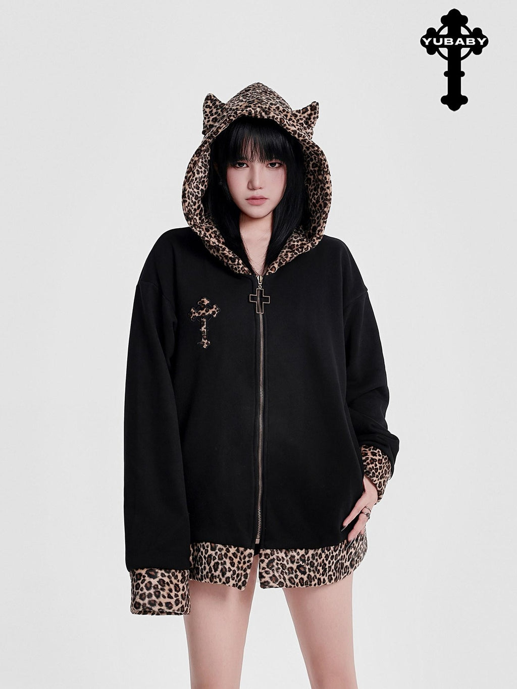 YUBABY Leopard Plush Patchwork Cross Embroidery Zippered Women's Micro Fleece Hoodies