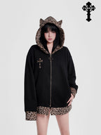 YUBABY Leopard Plush Patchwork Cross Embroidery Zippered Women's Micro Fleece Hoodies