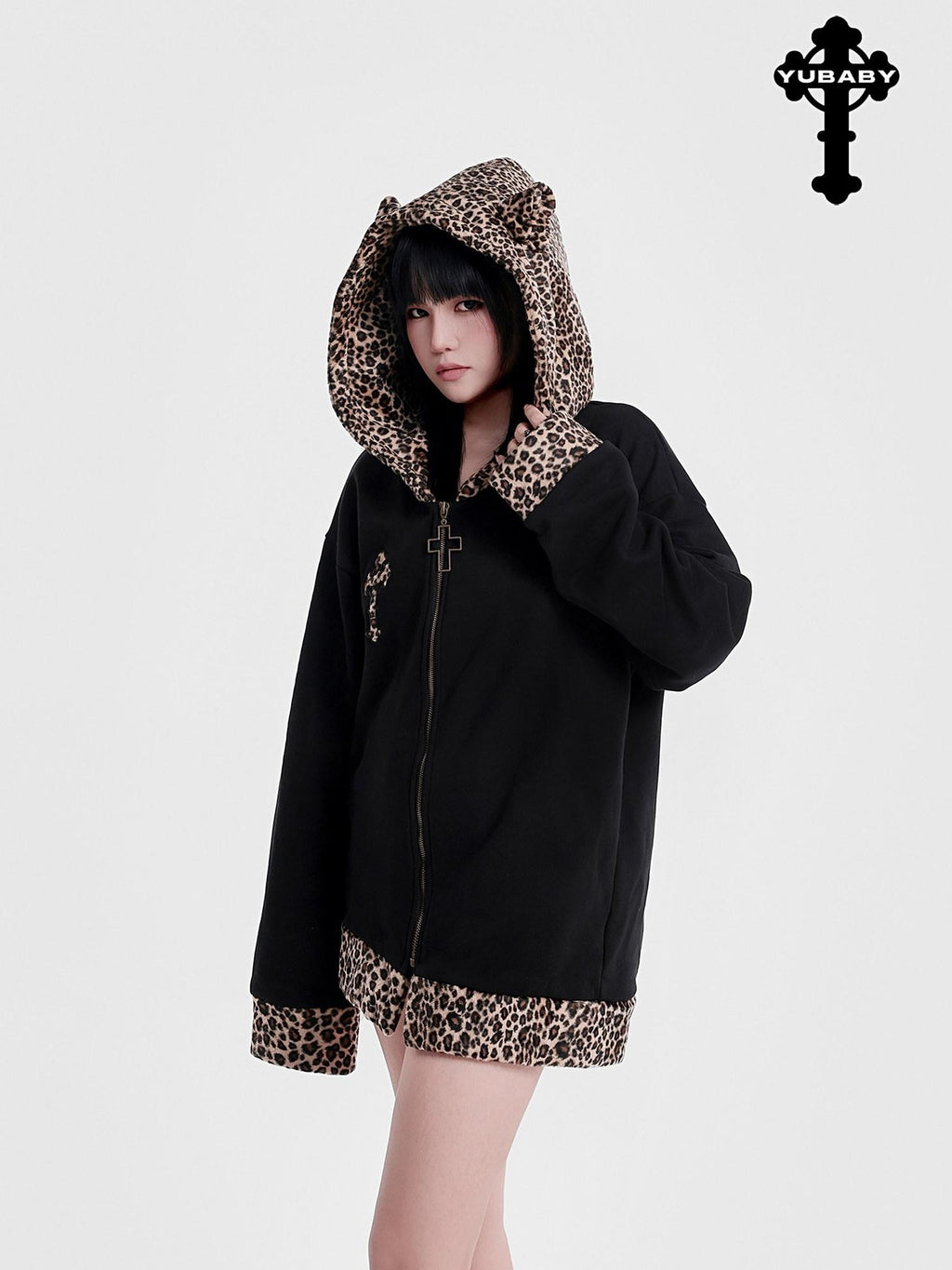YUBABY Leopard Plush Patchwork Cross Embroidery Zippered Women's Micro Fleece Hoodies